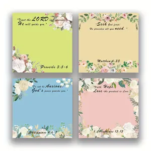 Floral Bible Verse 4-Pads 3x3 inch Sticky Notes set, Self Adhesive Stickers, Adorable Cartoon Memo Pads with High-Adhesive, Post Reusable Tearable it Notes for Journal Planners Office School Home, Bulk Cute Stationery Gift, Floral Pattern Sticker