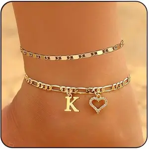 Waterproof 14K Gold Plated Dainty Layered Figaro Chain Letter CZ Heart Ankle Bracelets Set Summer Beach Jewelry for Women