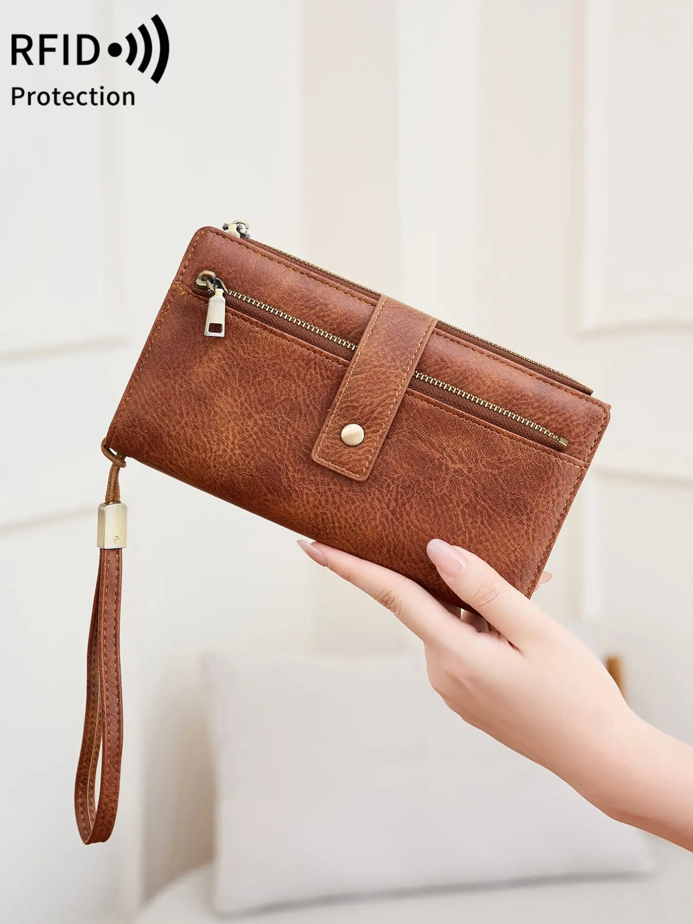 Ladies' RFID anti-theft handbag, wrist strap handbag, RFID Wristlet Purse, long wallet, Purse Women, large capacity PU material, multifunctional design, secure snap zipper closure, suitable for daily use and travel
