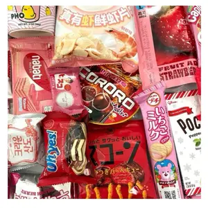 Pink Medium Asian Snack Box with Ramen Drinks Includes Various Sweet Treats Strawberry Flavor 26pcs Gift Option