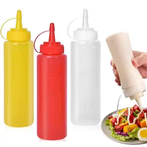 Condiment Sauces Squeeze Bottles - (3Pcs-13.5oz),with Leak-Proof Cap and Scale Line.Plastic Squeeze Squirt Bottles for Ketchup,Mustard,Oil, Salad and More.
