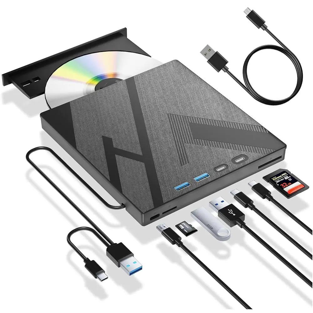 7 in 1 External DVD Drive, Multifunctional Compact Portable External CD/DVD Drive with Type C & USB A Ports & SD/TF Port, CD Burner, DVD Player, Suitable for PC Laptop