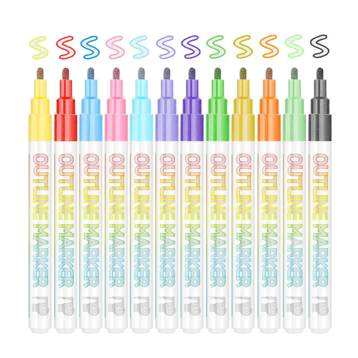 12Colors Double Line Outline Art Pen Glitter Metallic Outline Markers Set Marker Pen Diy Graffiti Outline Marker Pen Highlighter Scrapbook Diary Poster Card, Coloring Supplies