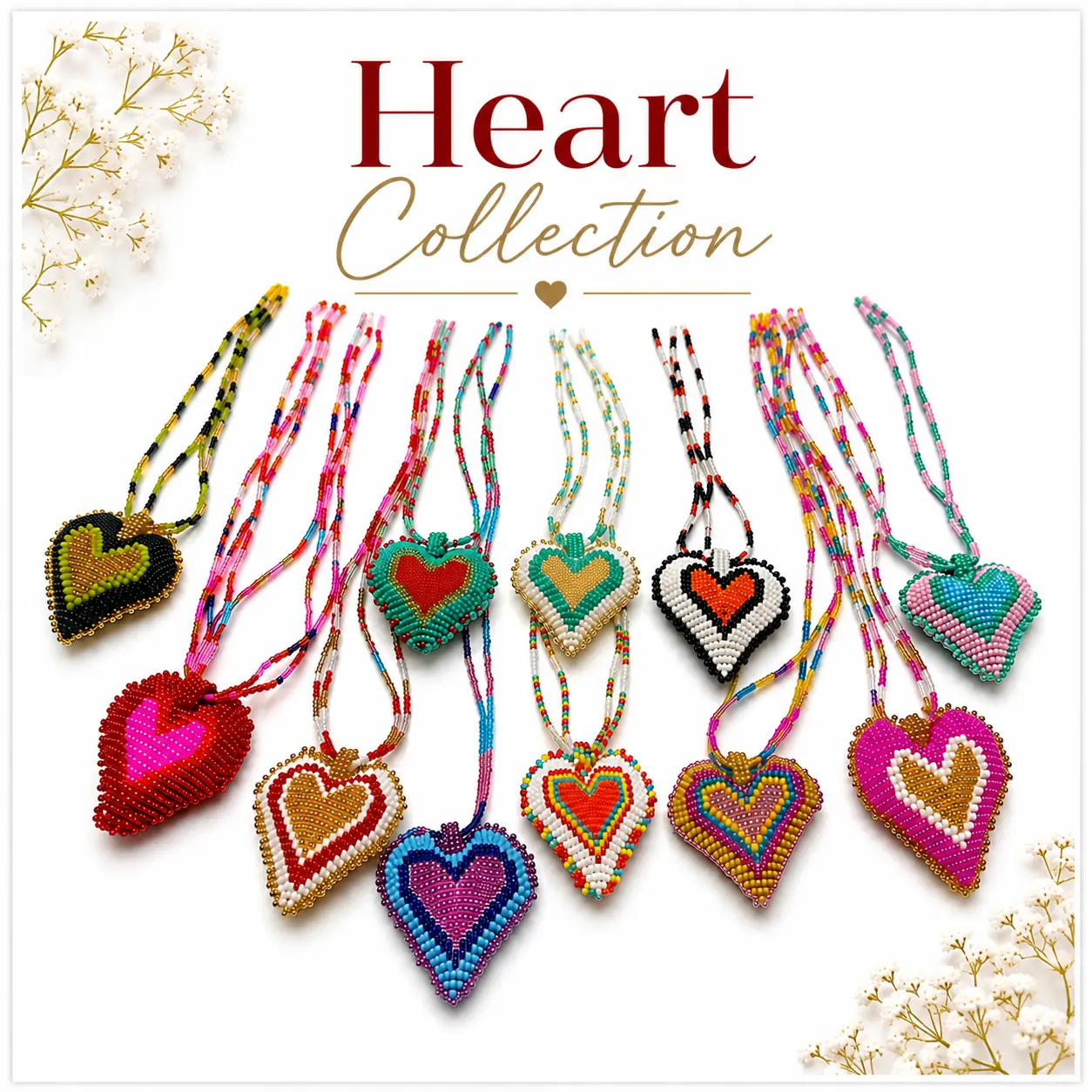 HEART NECKLACE COLLECTION, Handmade Dainty Jewelry by Artisans, Seed Bead Beads Design Fashion Costume Accessory