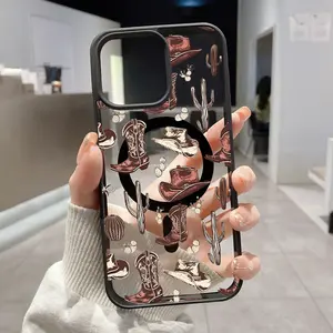 Magnetic Silicone Smartphone Case for iPhone 16,15 Pro Max,14 Plus,13,12,11 - Customized Western Cowboy Pattern, TPU Protective, Durable Shockproof Anti-Scratch Stylish Mobile Phone Accessory