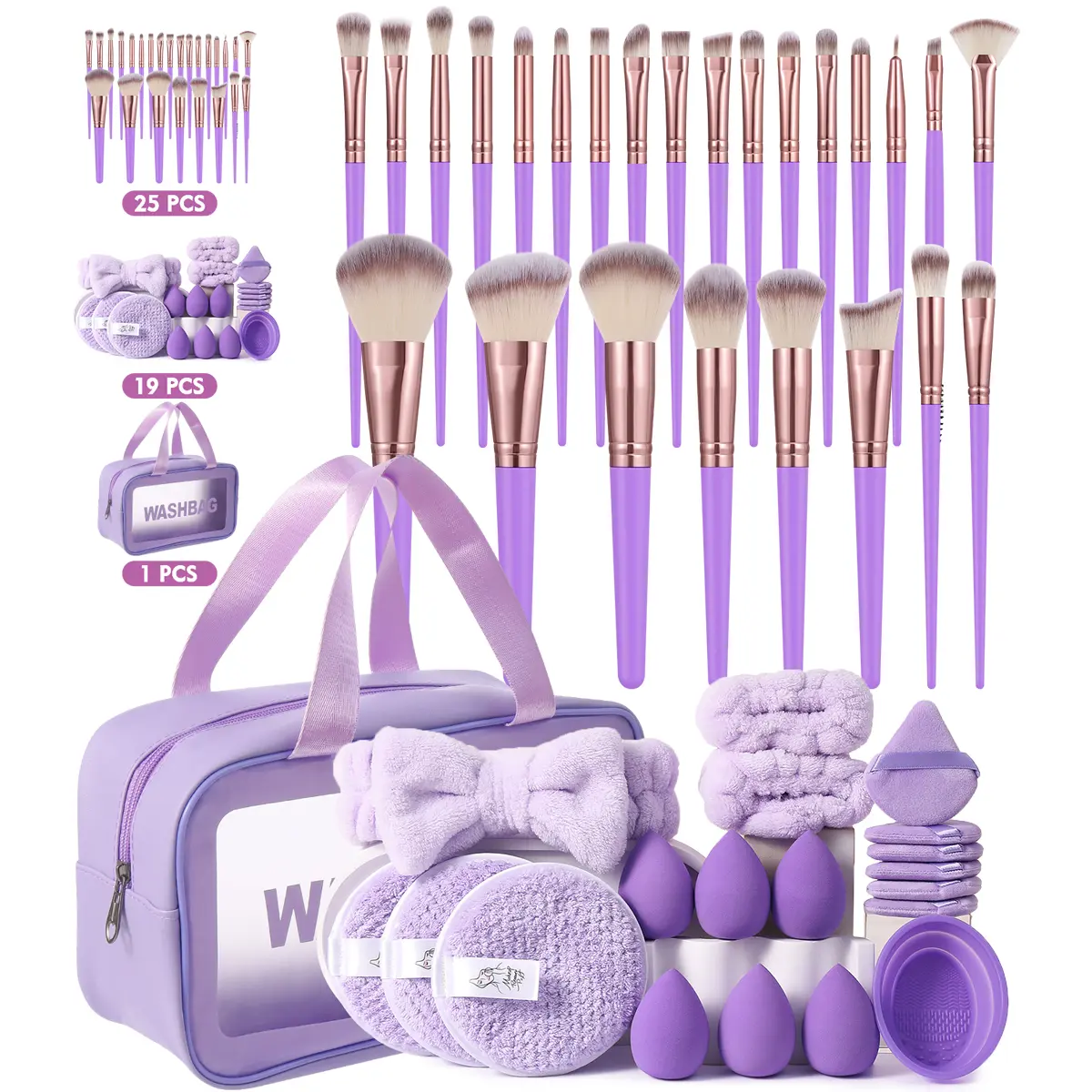 45Pcs Lavender Purple Handle Cosmetic All-In-1 Multi-Pack Makeup Tool Kit for Beginners - 25Pcs Rose Gold Soft Vegan Brushes, Latex-Free Multi-Size Round Beauty Eggs, Flocking Puffs, Silicone Cleaner Bowl, Plush Wristbands, Waterproof Portable Washbag, Ma