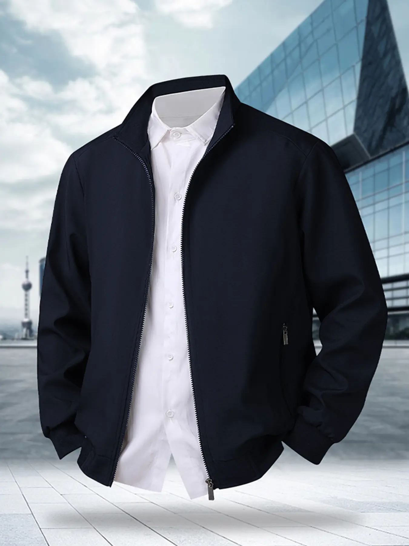 Men’s Stand-Collar Polyester Plain Zipper Foldable Flying Jacket - Long Sleeve Lightweight Outerwear for Spring/Autumn, Mens Casual Sportswear Lightweight Jackets & Coats
