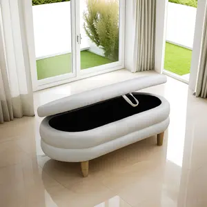 White Calico Living Room Storage Ottoman with Black Interior and Wooden Legs for Modern Home Decor