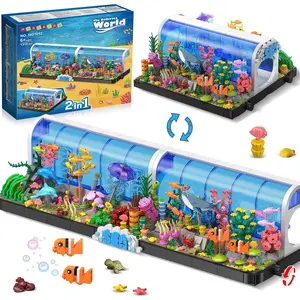 Hogokids Aquarium Building Set - 2 Styles Oceanarium Building Toy with Dolphins, Sharks, Crabs, Jellyfish, Seaweed, and More for Ages 6-12