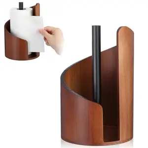 Countertop Paper Towel Holder with Round Wooden Base and Iron Stand, Large Roll Paper Towel Rack, Kitchen Decorative Organizer, Large Capacity