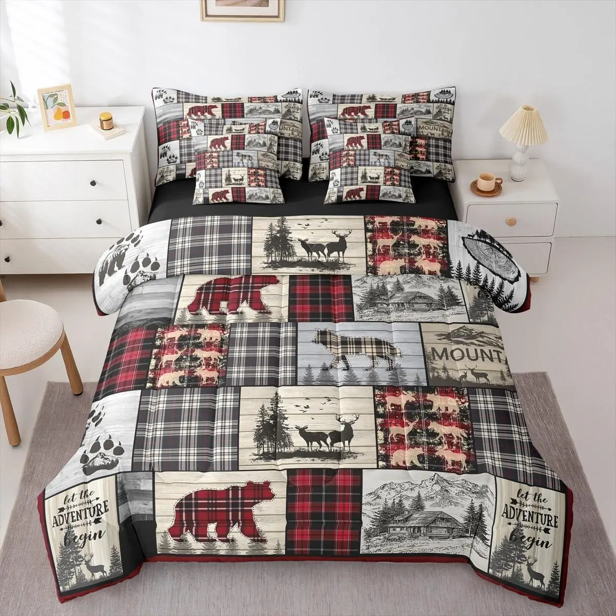 Feelyou 7-Piece Rustic Cabin Comforter Set - Red Black Farmhouse Buffalo Plaid Bedding with Sheets, Hunting Wolf Bear Deer Wildlife Design, Queen/King Size Bedding Set Collection, Comforter Set King