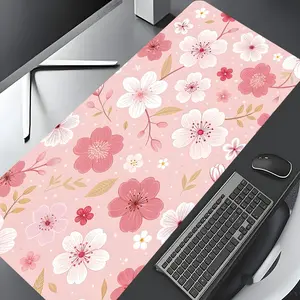 Pink Cherry Blossom Floral Pattern Large Gaming Mouse Pad,Aesthetic Desktop Drotection Pad,Office Desk Accessories,Washable Rubber Pad Non-Slip Lock Edge Multi-Size Mouse Pad Suitable For Home Office,Good Gift for Family and Friends