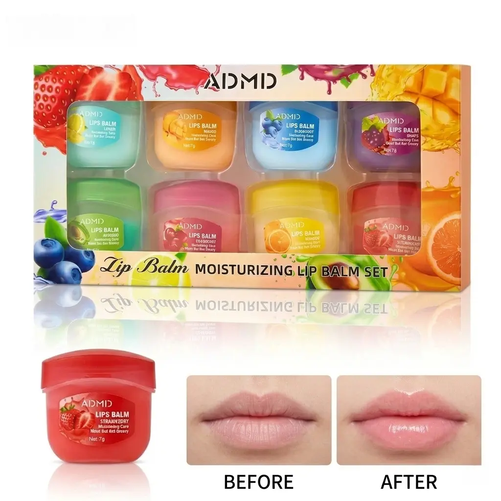 8-piece fruit-flavored lip balm set, featuring mini lip balm in various fruit flavors. Enriched with plant extracts, these balms are specially formulated to form a natural protective barrier on dry, chapped lips, keeping them moisturized all day long.
