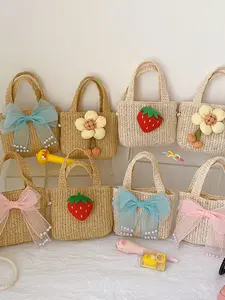 Adorable Strawberry Flower Woven Grass Crossbody Shoulder Bag, Cute Bow Decor Handbag, All Seasons Women's Straw Bag