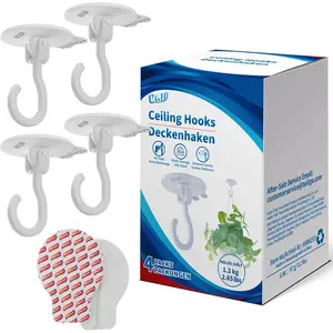 Adhesive Ceiling Hooks for Hanging , Heavy Duty No-Drill Removable Sticky Wall Hooks Hanging Christmas Lights Garland Coat for Door Kitchen, Renter Friendly - 4 Pack White