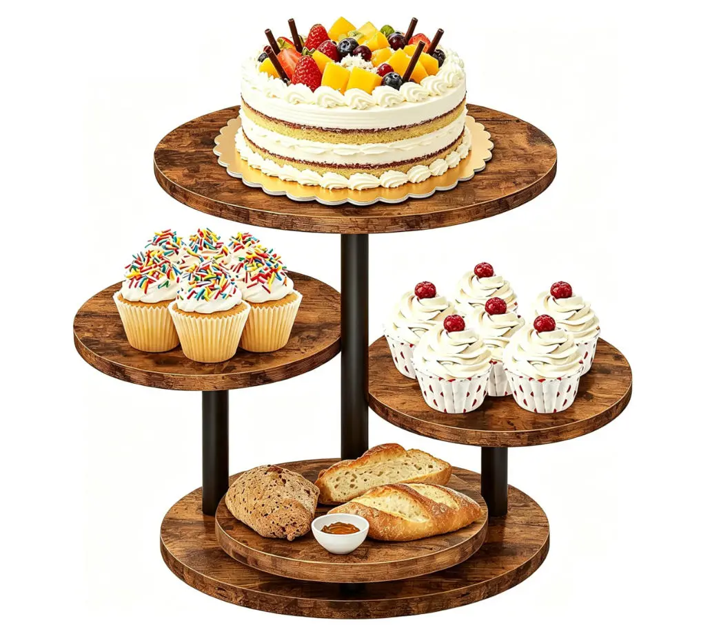 4 Tier Round Cupcake Tower Stand for 50 Cupcakes, 360° Rotating Wood Cake Stand with Tiered Trays, Farmhouse Cookie Stand for Dessert Table Display for Wedding Birthday Baby Shower Tea Party
