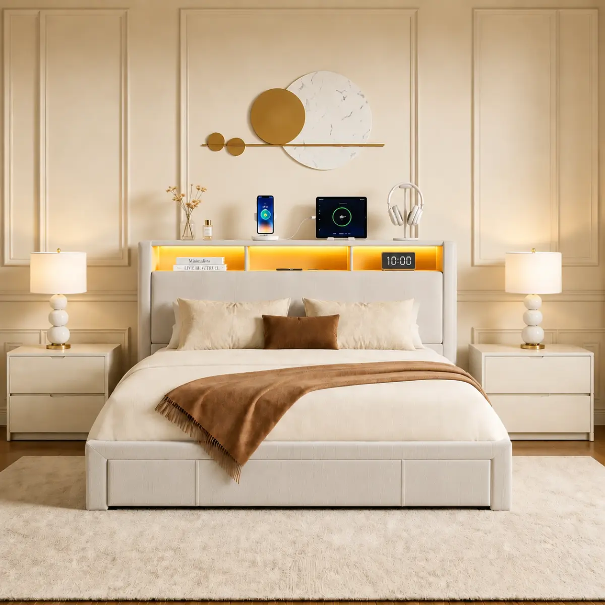 [Bellemave] Full/Queen Size Upholstered Bed with Drawers, Featuring an Upholstered Storage Headboard, Heavy Metal Crossbar Support, LED and USB Charging, Silent Design