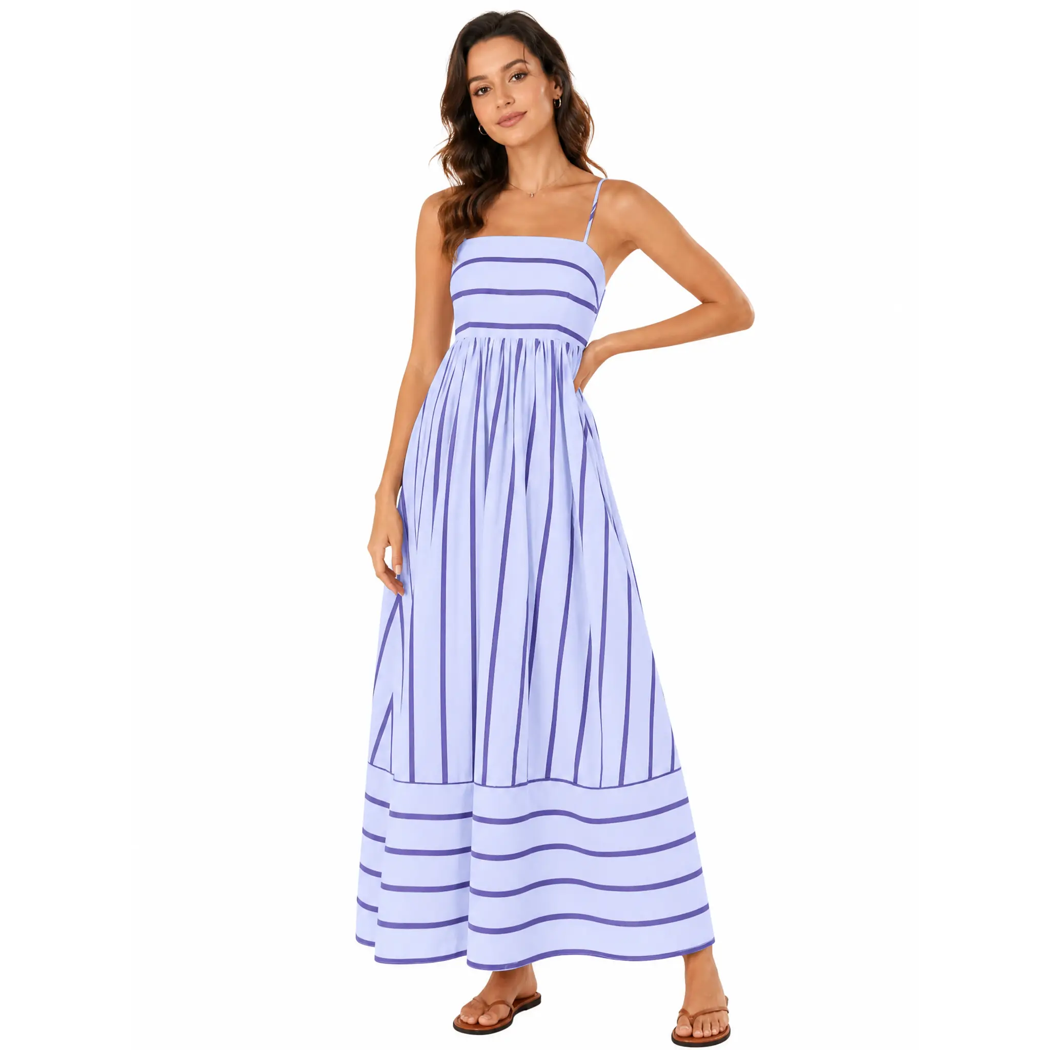 CHOUYATOU Women's Boho Striped Sun Dress, A-Line Flowy Maxi Dress for Women with Spaghetti Straps and Smocked Cut Out Back, Going Out Outfit, Women's Fashion