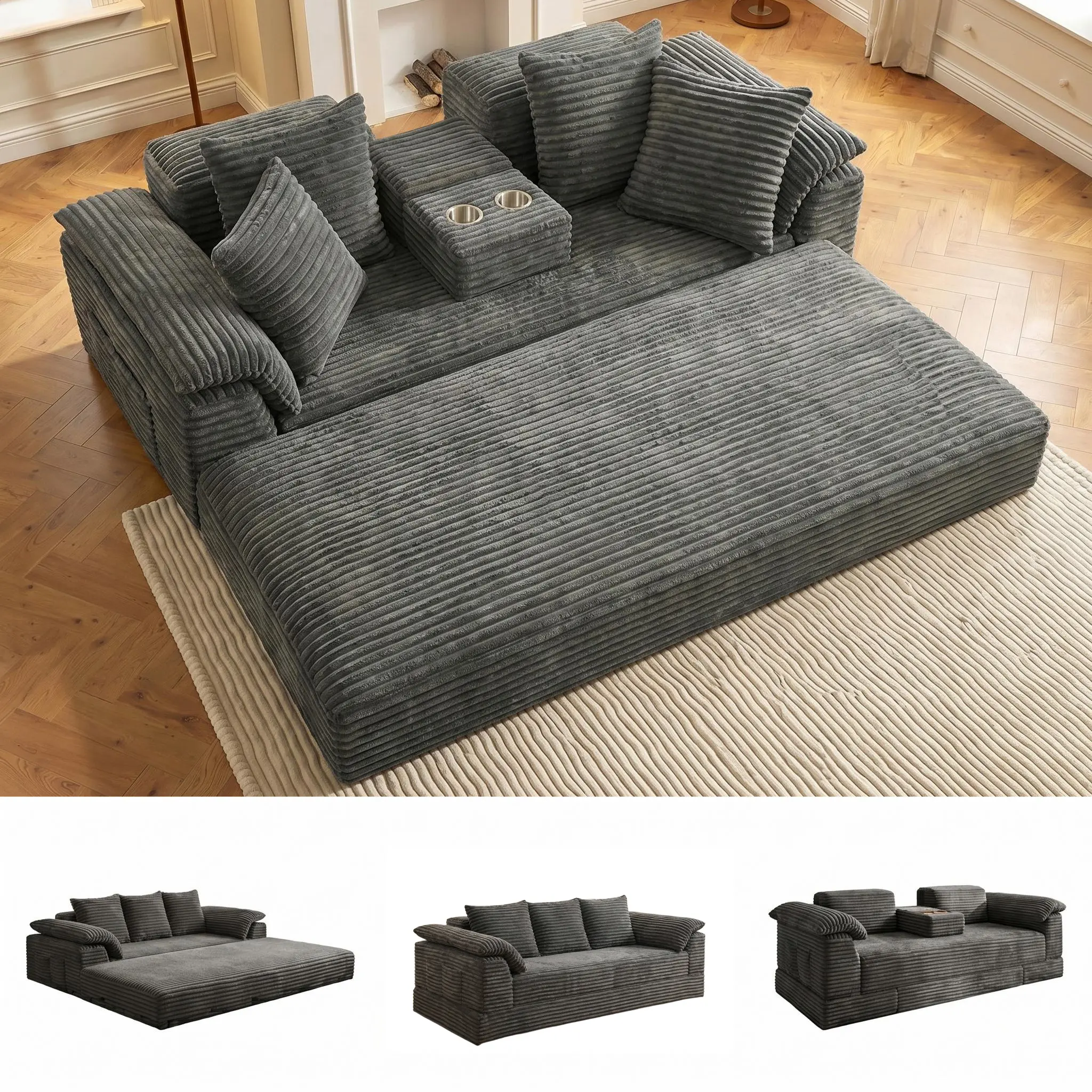 78in Plaid Corduroy Convertible Loveseat Sofa Bed - Floor-Standing Modular Ottoman, Foam-Free Checkered, Couple-Style Double Bed, Adjustable Boneless Sectional Couch with Fixed Arms, Modern Fully Assembled for Living Room, Convertible Indoor Sofas, Living
