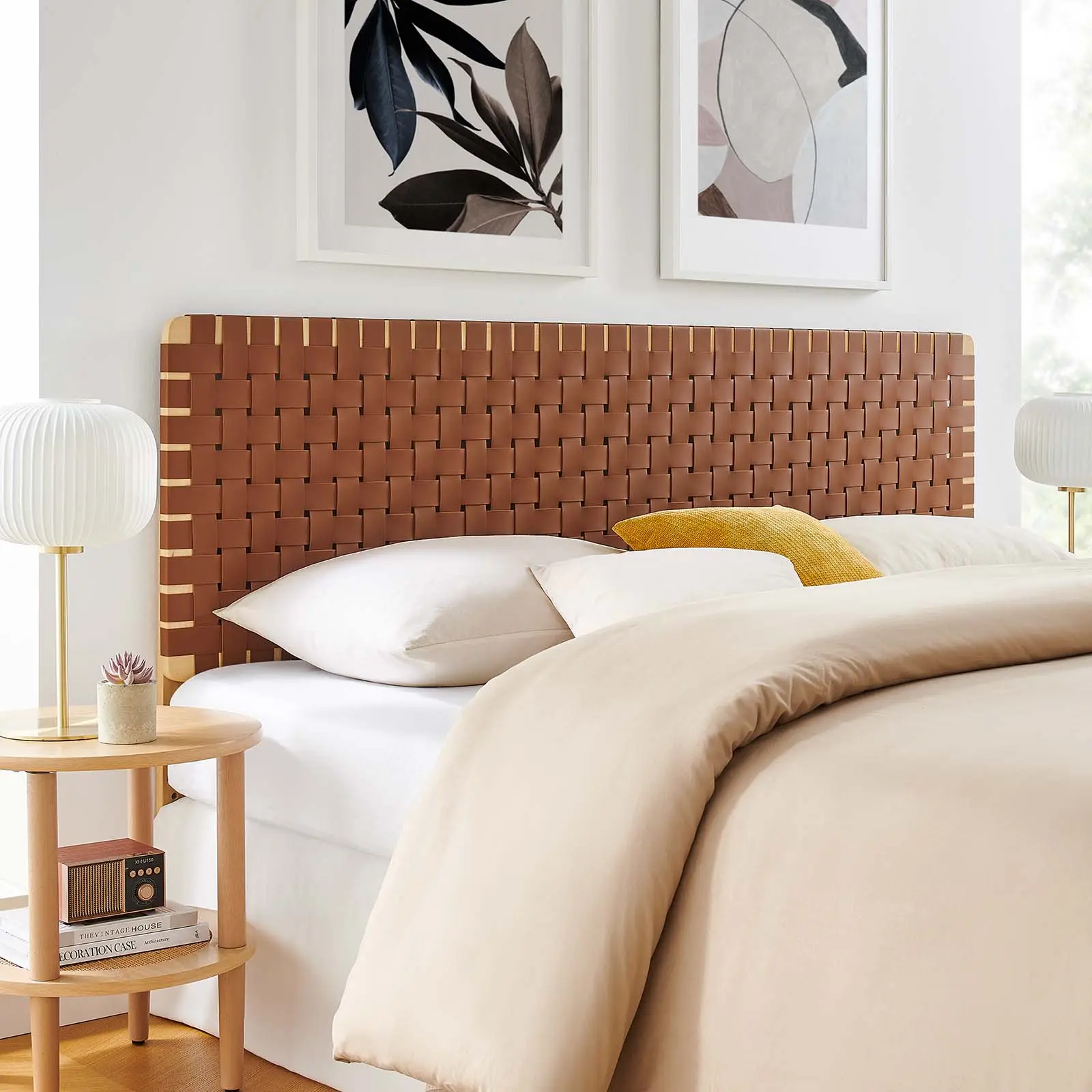 Modway Sparta Basket Weave King PU Leather Headboard - Natural Brown, Modern Wood Upholstered Bed Frame Accessory, Adjustable Attachment Point, for Modern Bedrooms, Headboards