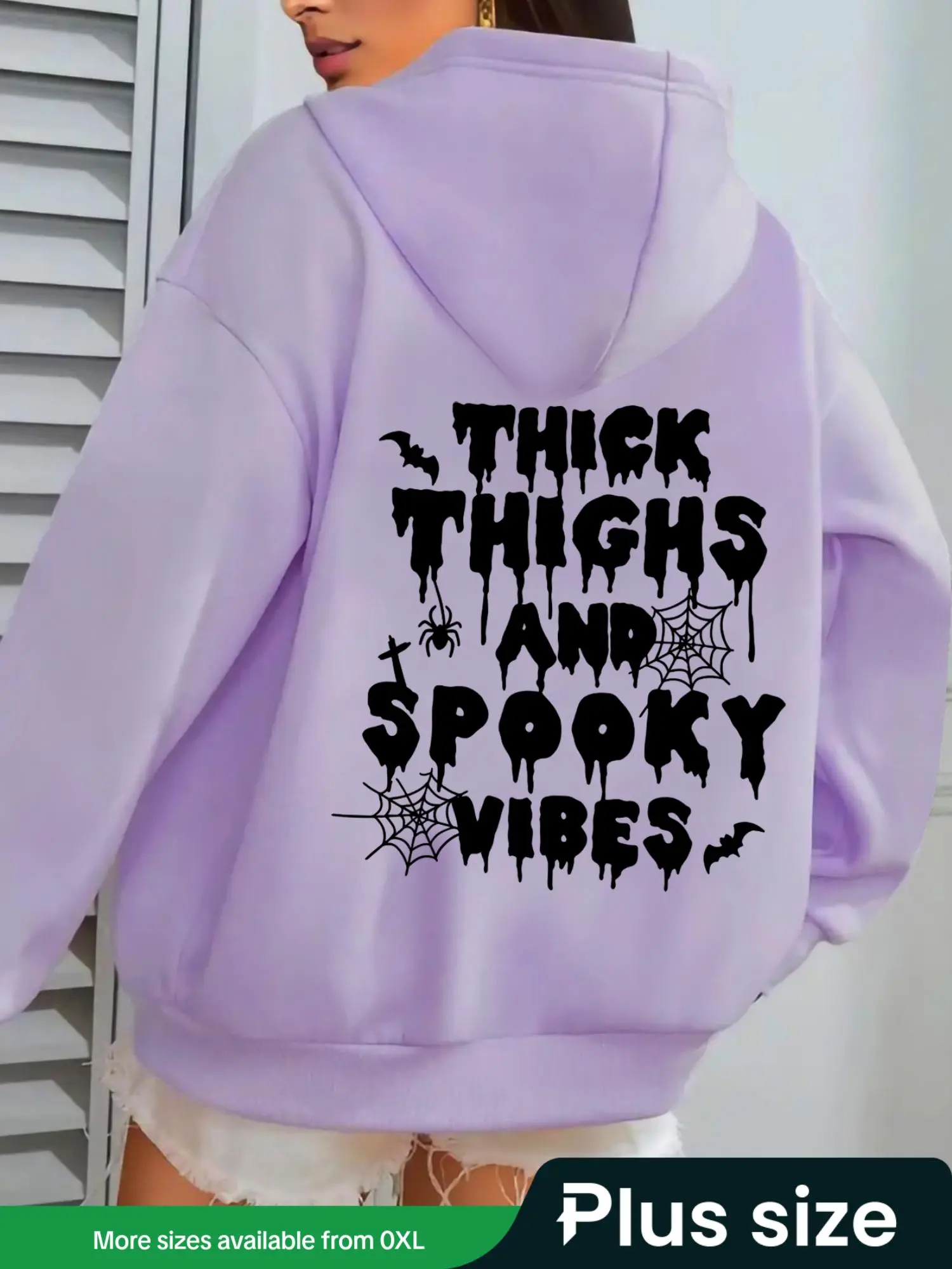 【Plus Size】 Cartoon & Letter Print Drop Shoulder Hoodie, Fashion Casual Drawstring Pocket Hooded Sweatshirt for Daily Holiday Outdoor Wear, Women Clothing for Fall & Winter, Halloween, Drawstring Graphic Hoodie