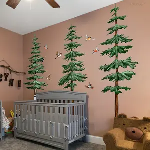 A set of 4 pieces (30*90cm*4pcs) hand-painted pine tree and bird wall stickers for living room, bedroom and home background decoration BM6135-ZY Decorative Wall Sticker
