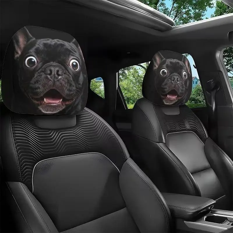 2Pcs Funny Black French Bulldog Face Print Car Headrest Covers - Universal Fit Soft Auto Seat Headrest Protectors, Cute Dog Design Auto Accessories for Daily Commute, Road Trip, Car Accessories Interior, Playful Look, Most Cars