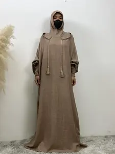 Women's Solid Color Batwing Sleeve Drawstring Hooded Dress, Casual Shirred Cuff Long Sleeve Hooded Dress for Spring & Fall, Women's Islamic Clothing for Daily Wear