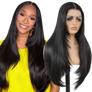 Black Wear and Go Glueless 13x4 HD Lace Wigs Pre Plucked Pre Cut for Beginners Long Layered Straight Synthetic Lace Front 13x4 Straight HD Lace Wigs 26Inch Natural 3 Seconds to Wear for Beginners