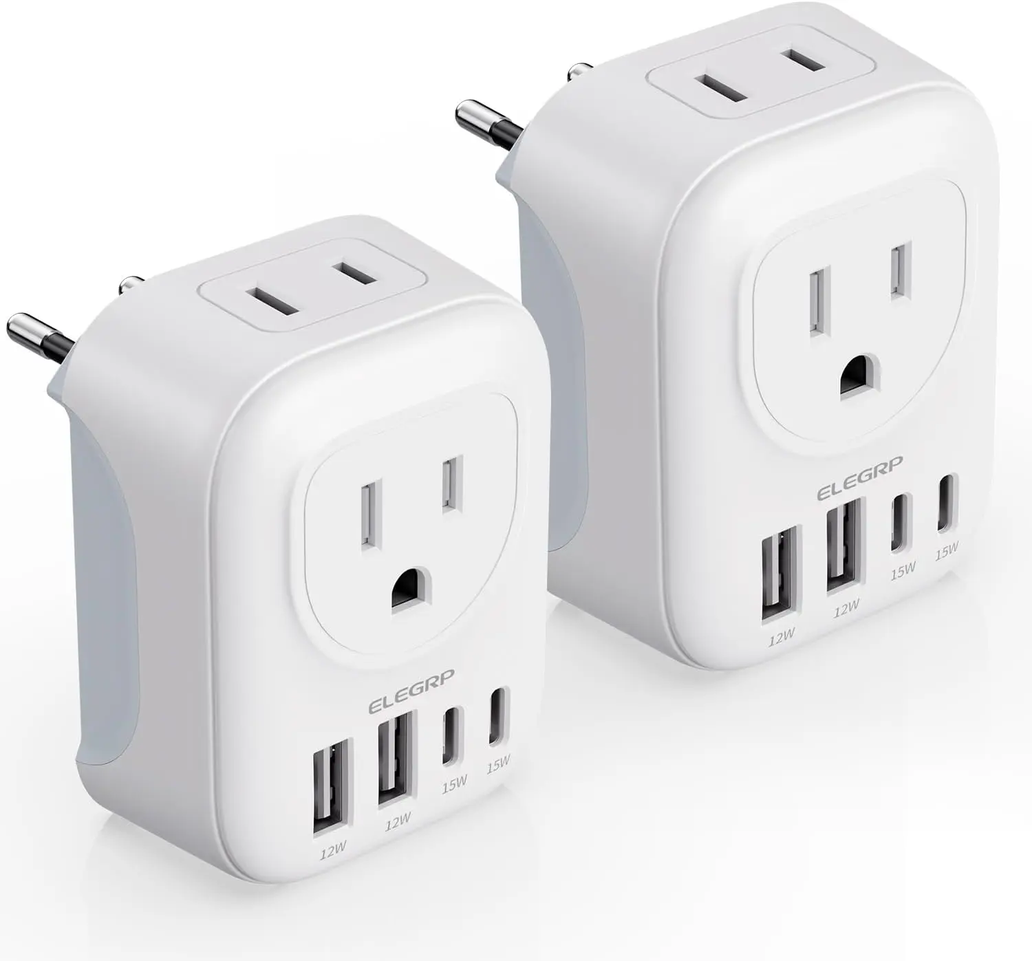 2 Pack European Travel Plug Adapter, US to Europe Plug Adapter Converter with Two USB-A Ports and Two USB-C Ports, Type C Adapters for Europe, Spain, Italy, France, Germany