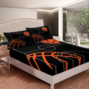 Feelyou Basketball Fitted Sheet Set - Breathable Sheets, Decorative Bedsheet Sets, Black Basketball Court Sports Theme Bedding with Deep Pockets