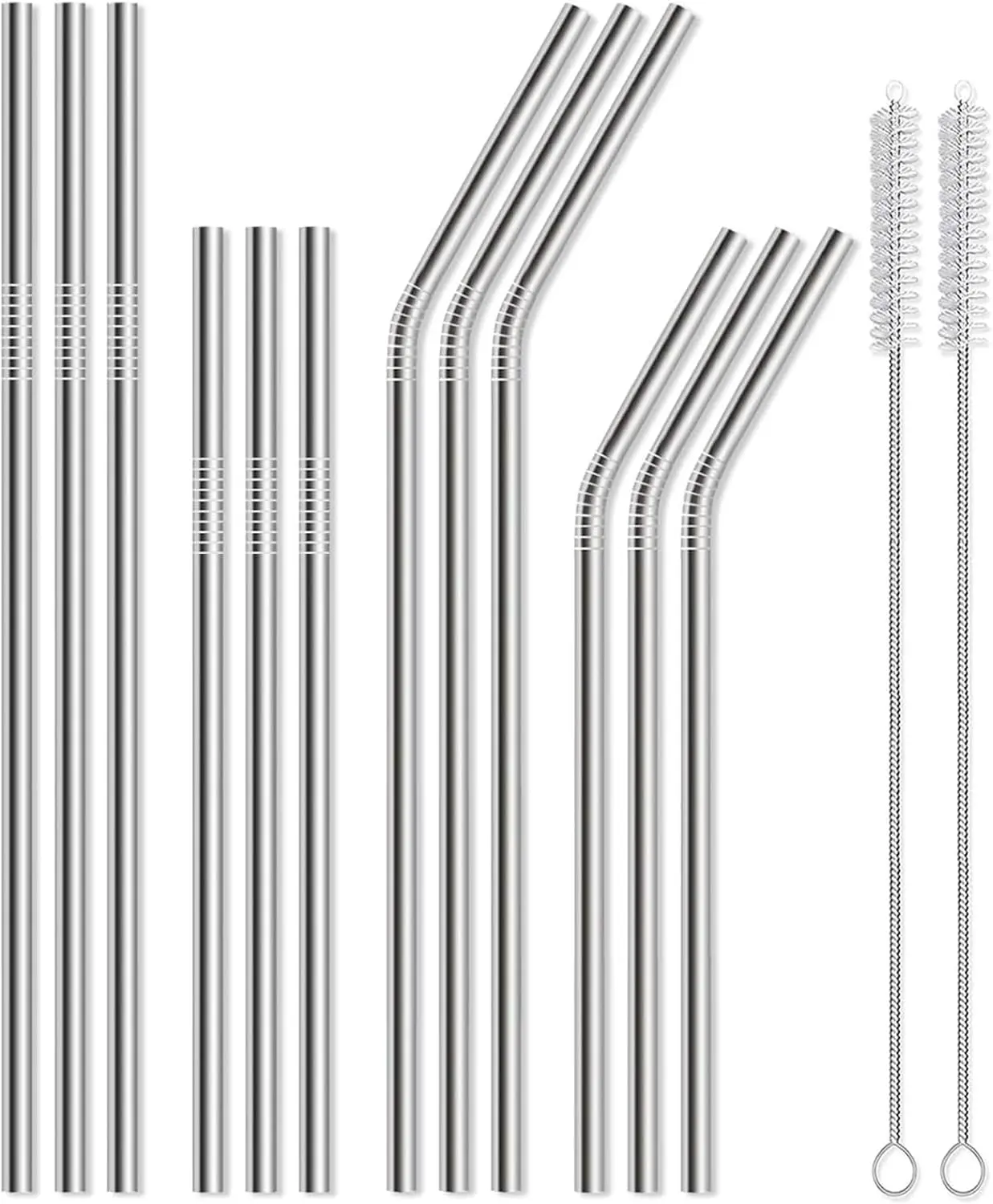 Reusable Metal Stainless Steel Drink Utensils Set - 12-Pack Mixed Shapes Straws (6 Straight/6 Bent, 8.5in & 10.5in), 2 Cleaning Brushes, Fits 20/24/30oz Tumblers/Cups, Dishwasher-Safe for Home, Travel, Parties