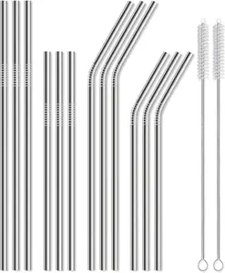 12 Pack of Reusable Stainless Steel Metal Straws, 3 Straight + 3 Bent 10.5 Inch and 3 Straight + 3 Bent 8.5 Inch Metal Straws with 2 Cleaning Brushes for 20 24 30 oz Tumbler Dishwasher Safef