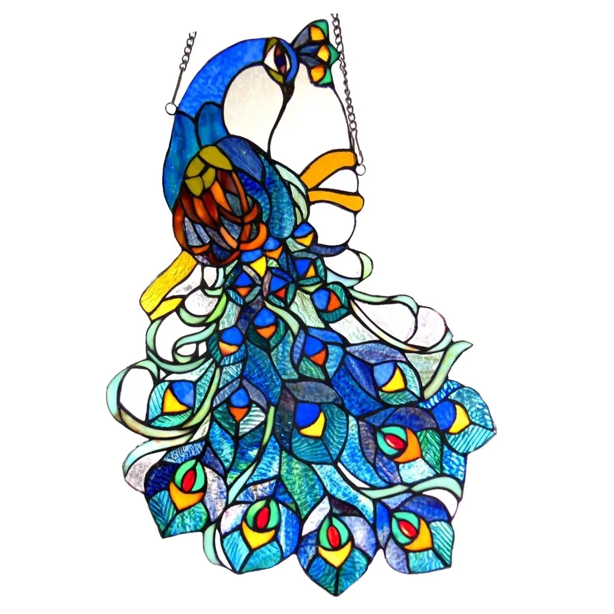 212 MAIN Antique Handmade Craft Stained Glass Peacock Window Panel, 17x25 in., Copper Foil Tiffany Glass with Bronze Metal Frame, Hangable Baby & Maternity Room Decoration