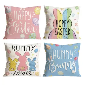 Hunny Bunny Happy Easter Throw Pillow Covers Set of 4 | Pastel Rainbow Rabbit Egg Decor for Sofa Couch Hoppy Easter 0224J