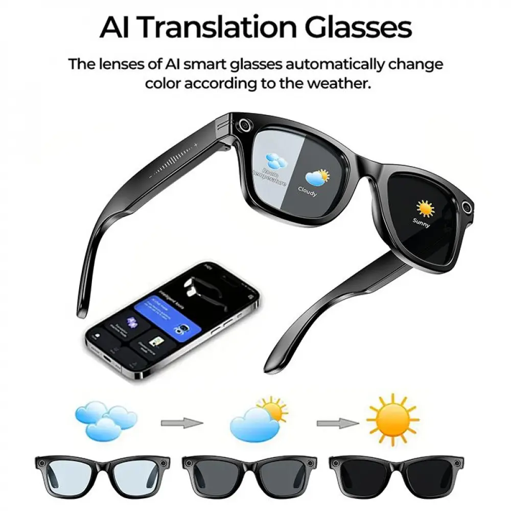 Bluetooth Wearable Smart Glasses With 8MP Resolution Photochromic Lenses Convenient Button Touch Adjustment For Travel Outdoor Adventures Hands-Free Photography 160+Languages Real-Time Translation Bluetooth Wireless Wearable Video Recording UV Protection