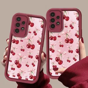 Sweet Pink Full Screen Cherry Bow Pattern Phone Case, TPU Shockproof Full Protection Case, Suitable for Samsung S21/22/23/24/25/NOTE20 PLUS ULTRA FE A13/14/15/16/17/33/34/35/36/52/53/54, Ideal Gift for Friends and Family, T121