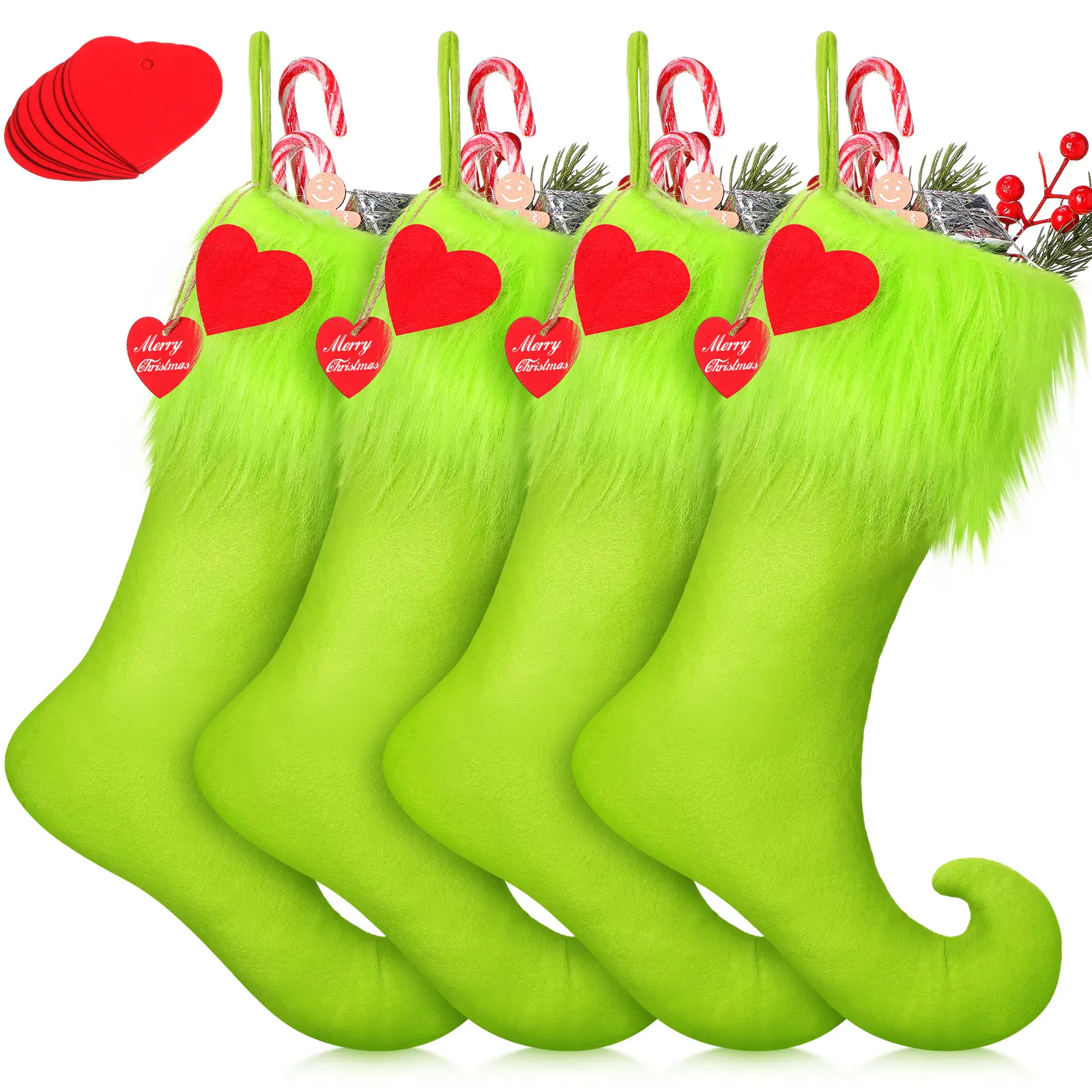 4pcs Green Christmas Stockings Faux Fur Xmas Hanging Elf Stockings with Tag Christmas Treat Bag Candy Pouch Holder Fireplace Decor for Xmas Holiday Family Party