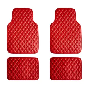 Luxury Universal Liners Heavy Duty Faux Leather Non-Slip Floor Mats Diamond Design - Full Set Red