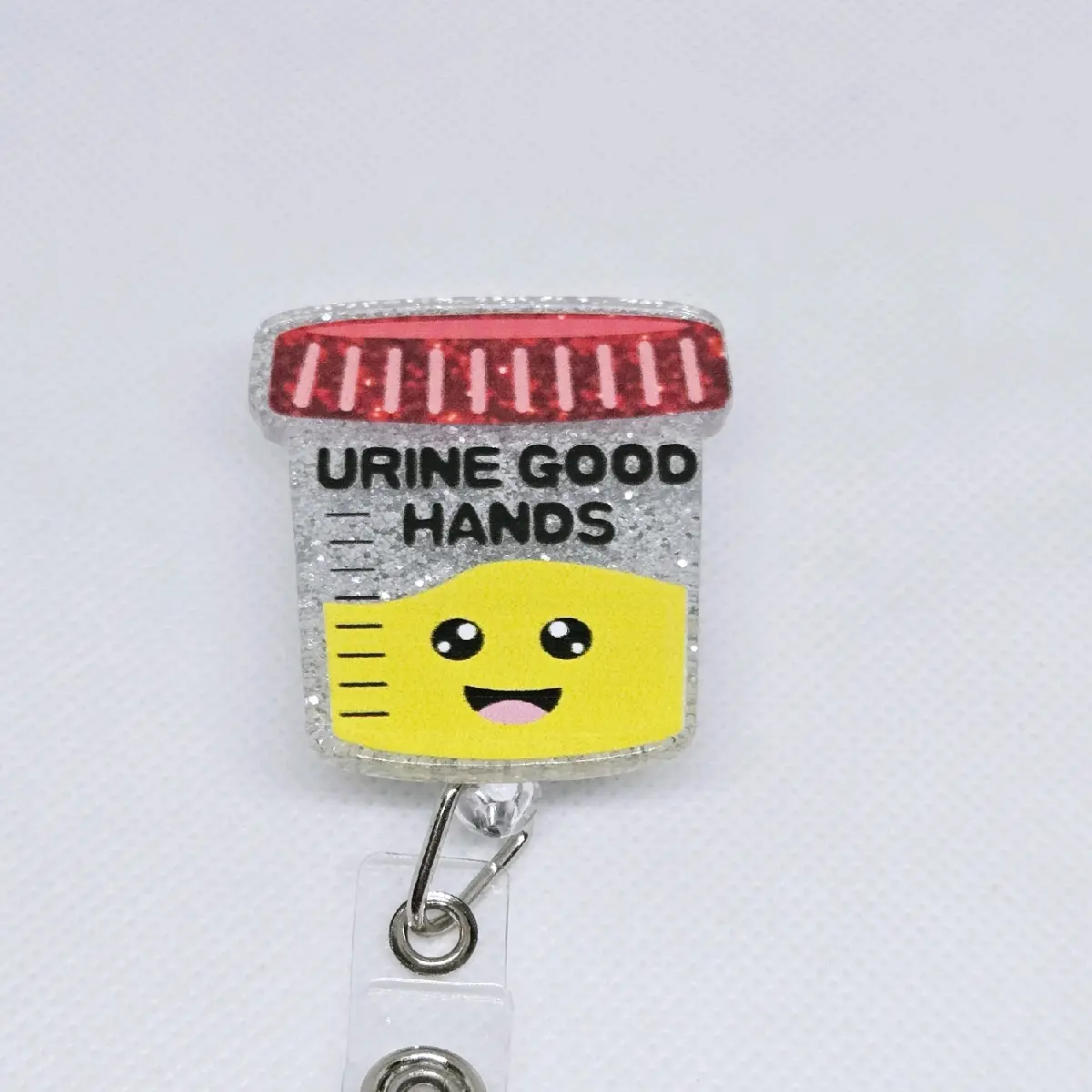 Urine in Good Hands Specimen Cup with Red Top Glitter Acrylic Retractable Badge ID Reel Belt or Alligator Clip for Lab Techs and Nursing Funny Medical hospital worker