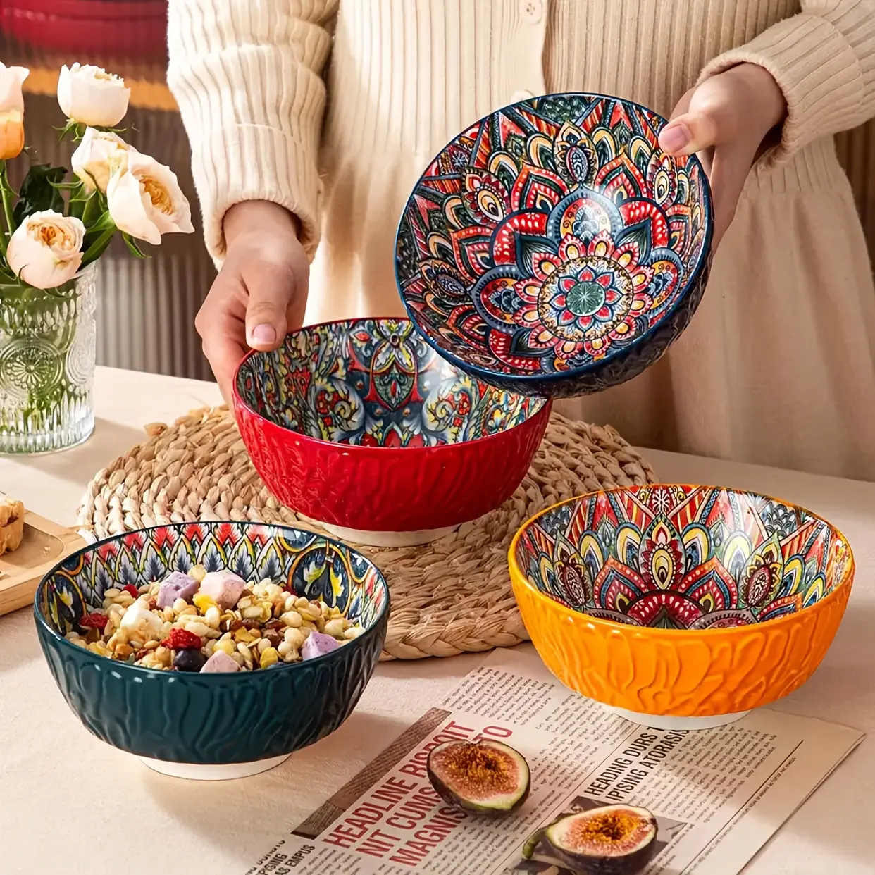 4 Pack Bohemian Colorful Ceramic Serving Bowls, 6 Inch Stackable Deep Dinner Bowls Microwave Dishwasher Safe for Salad Oatmeal Pasta Home Kitchen Tableware