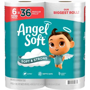 Angel Soft Toilet Paper, 6 Super Mega Rolls = 36 Regular Rolls, Soft and Strong Toilet Tissue