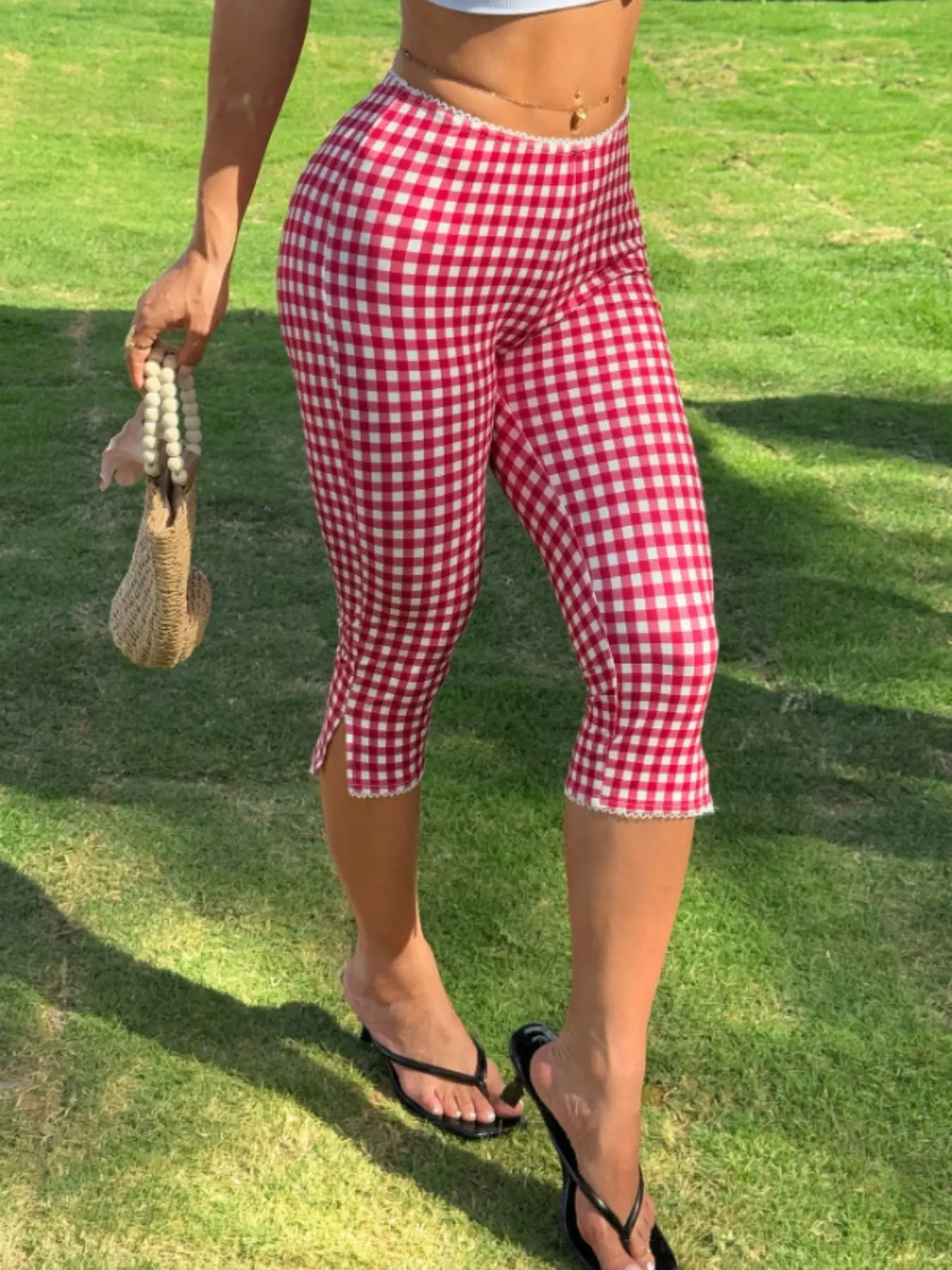 Women's Fashion Casual Y2K Street Style Slim Fit Side Split Slit Seven-Eighths Pants, Spring Summer Plaid Gingham Checkered Knit Elastic Tight Jeans Knitted Casual Summer Bottoms