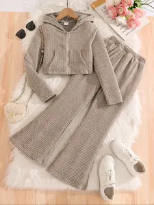 Girls' Solid Color Set, Hooded Pocket Long Sleeve Cardigan Jacket with Elastic Waist Pants, Comfortable Casual Fashion, Fine Girls Outfit