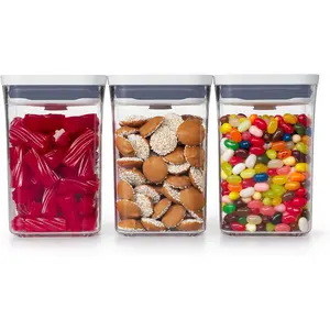 3-Piece Airtight Food Storage Container Set – Small Square Short Kitchen Canisters | One-Touch Push Button Pantry Organizer Set for Spices, Nuts, Coffee & Baking Supplies