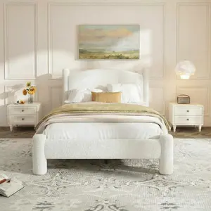 Indulge in Cloud-Like Comfort Every Night! King Size Boucle Bed Frame, Upholstered Platform Cloud Bed with Soft Round Headboard & Cylindrical Legs, Noise Free & Heavy Duty, No Box Spring Needed, Easy Assembly, White, King Size Bed Frame, Boucle Fabric, Ea