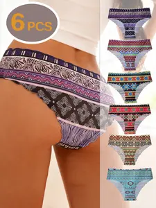 Bohemian Ethnic Geometric Print Women's Antibacterial Underwear, Seamless Invisible Breathable Yoga Gym Triangle Pants, Soft Breathable Knicker, Fashion Comfy Underwear
