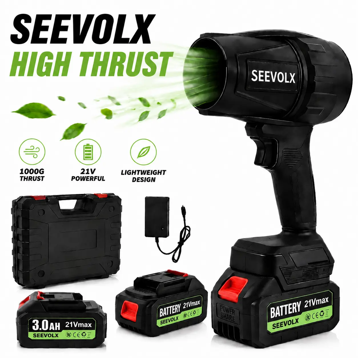 SEEVOLX 21V Cordless Brushless Battery-Powered Hair Dryer with 2 x 3000mAh Batteries, Ideal for Car Drying, Leaf Cleaning, 2 Batteries
