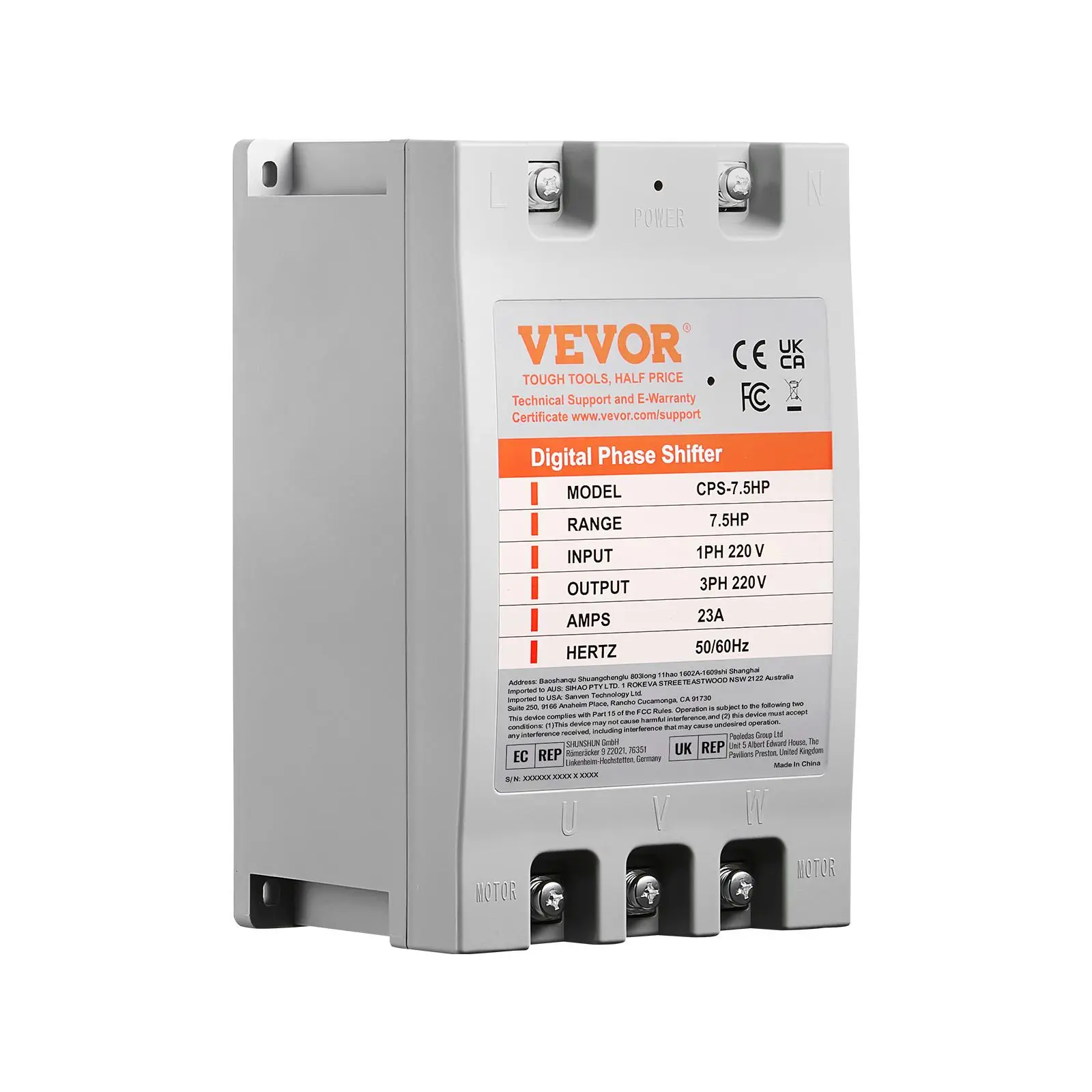 【Summerfinds】VEVOR 3 Phase Converter- 7.5HP 23A 220V Single Phase to 3 Phase Converter,Digital Phase Shifter for Residential & Light Commercial Use220V Input/Output (One DPS Must Be Used on One Motor Only)
