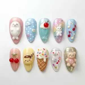 SWEET OVERLOAD | Handmade Kawaii 3D Animal Press On Nails | Bunny Bear & Pudding Sculpture Nails | Decoden Sweet Cartoon Aesthetic | Custom Artistic Stiletto Set 2026